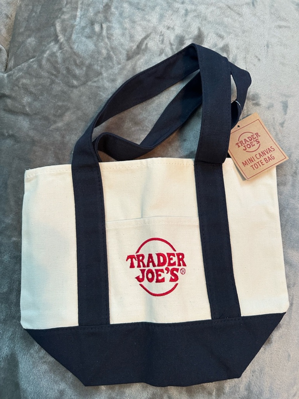 Trader Joe's Cream and navy blue Mini Canvas Tote Bag with Red Logo
